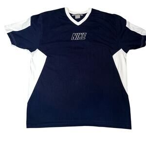 Vintage Nike V-Neck Center logo Y2K navy blue and white T-shirt men size XL